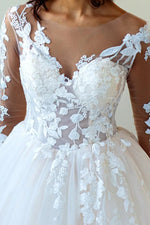 V-Neck Lace Long Sleeve Applique A-Line Floor-Length Wedding Dress