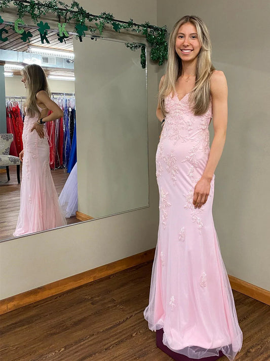 Applique Pink Spaghetti Straps Backless Mermaid Floor-Length Prom Dress Sleeveless