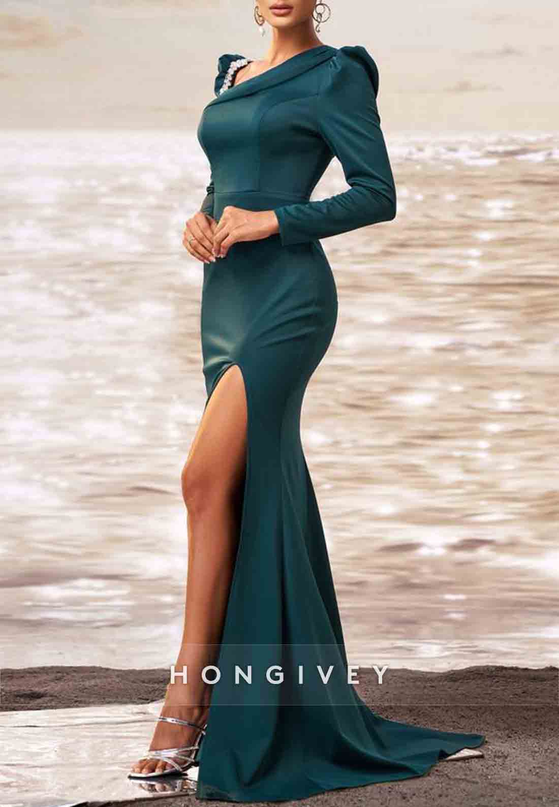 High Slit Pleated Floor-Length Asymmetrical Neck Long Sleeve Mermaid Evening Gown