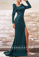 High Slit Pleated Floor-Length Asymmetrical Neck Long Sleeve Mermaid Evening Gown