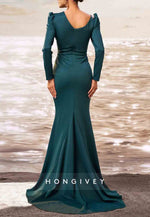 High Slit Pleated Floor-Length Asymmetrical Neck Long Sleeve Mermaid Evening Gown