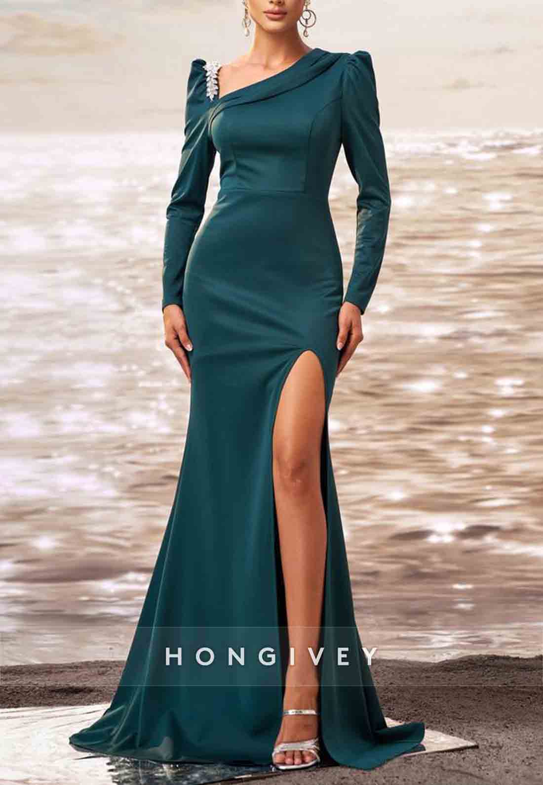 High Slit Pleated Floor-Length Asymmetrical Neck Long Sleeve Mermaid Evening Gown