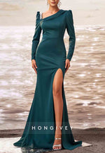 High Slit Pleated Floor-Length Asymmetrical Neck Long Sleeve Mermaid Evening Gown