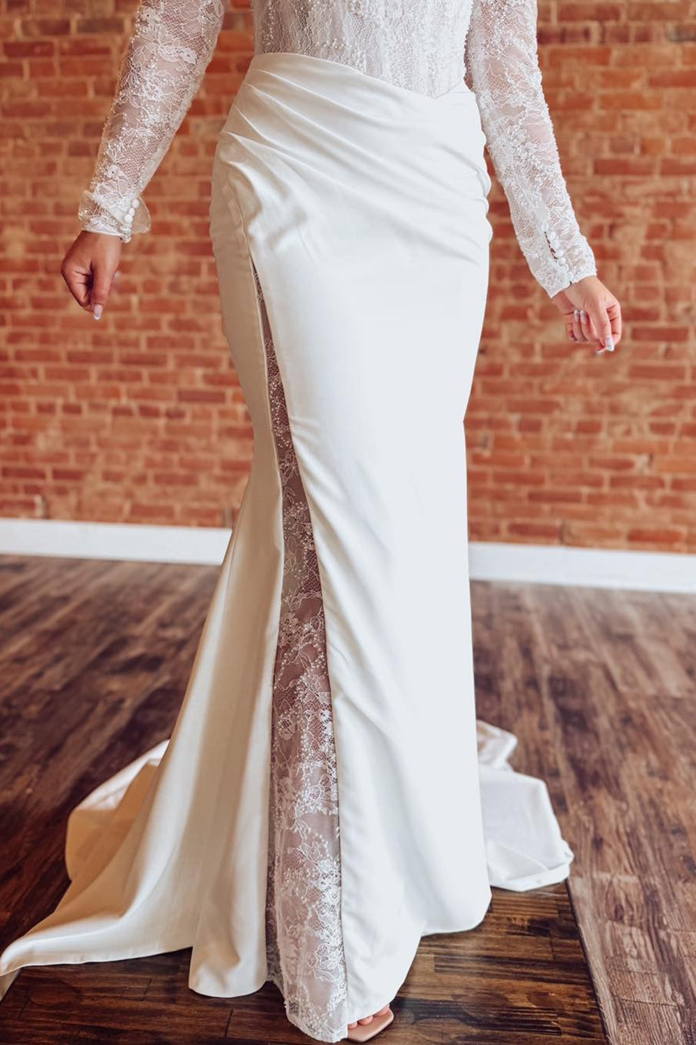 Mermaid Satin Lace Boho Wedding Dresses Long Sleeves Beach Wedding Gowns for Women