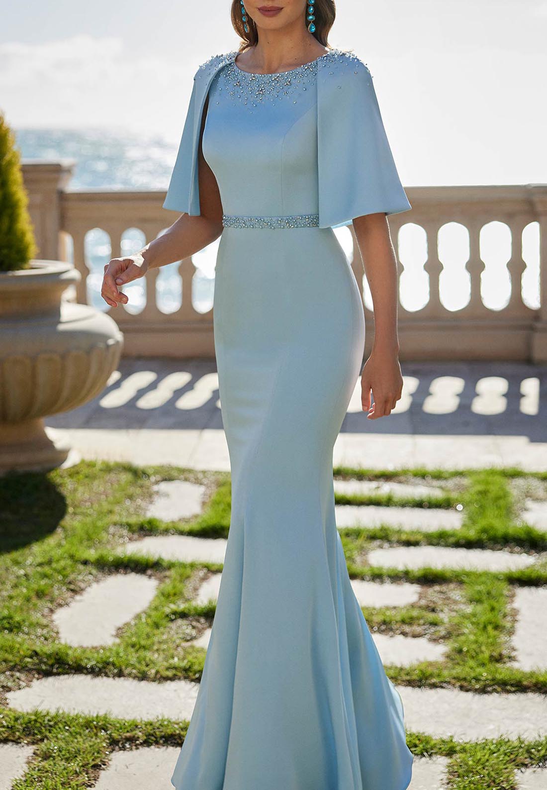 Flutter Sleeves Beading Mother of the Bride Floor-Length Shawl Satin Trumpet Evening Gown