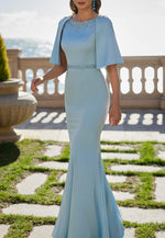 Flutter Sleeves Beading Mother of the Bride Floor-Length Shawl Satin Trumpet Evening Gown