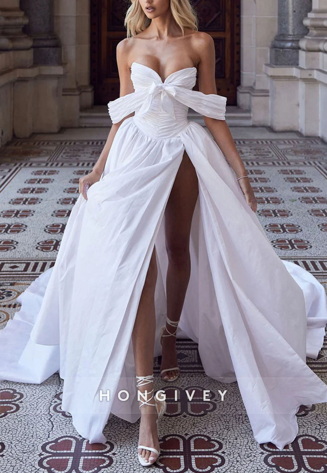 Off the Shoulder Court Train Empire Wedding Dresses with Side Slit and Bowknot