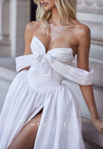 Off the Shoulder Court Train Empire Wedding Dresses with Side Slit and Bowknot