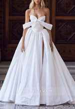 Off the Shoulder Court Train Empire Wedding Dresses with Side Slit and Bowknot