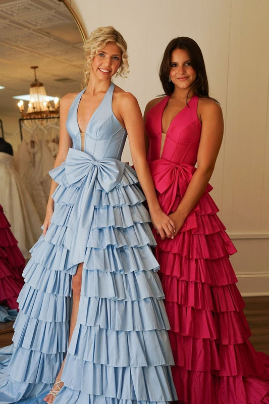 Lovely A-Line Halter Neck Long Tiered Satin Prom Dress with Slit and Bowknot