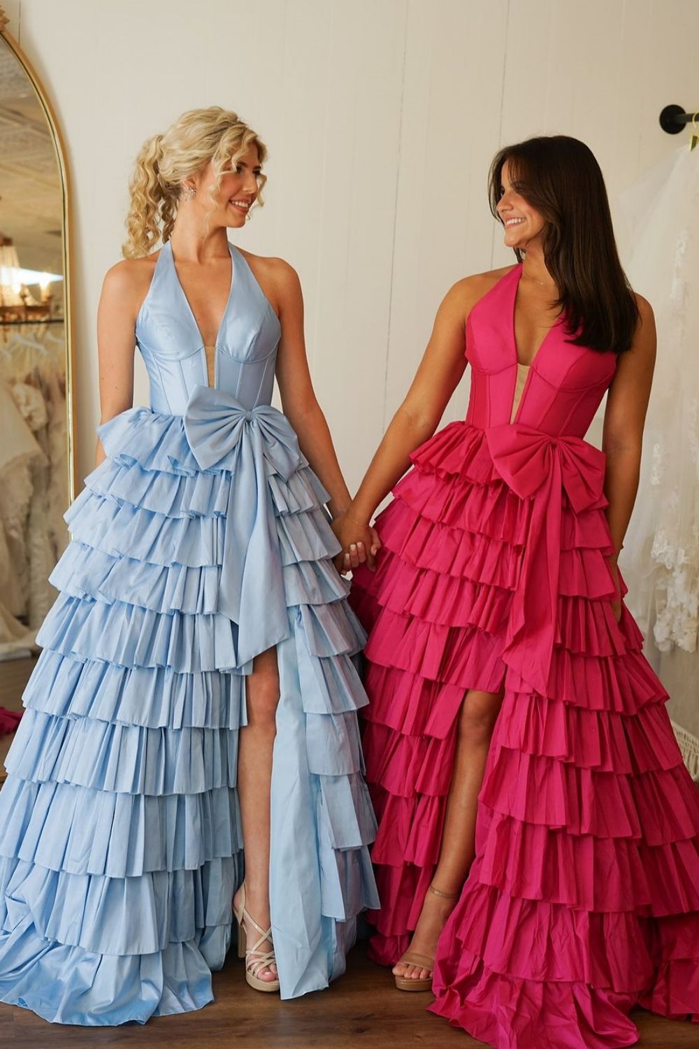 Lovely A-Line Halter Neck Long Tiered Satin Prom Dress with Slit and Bowknot