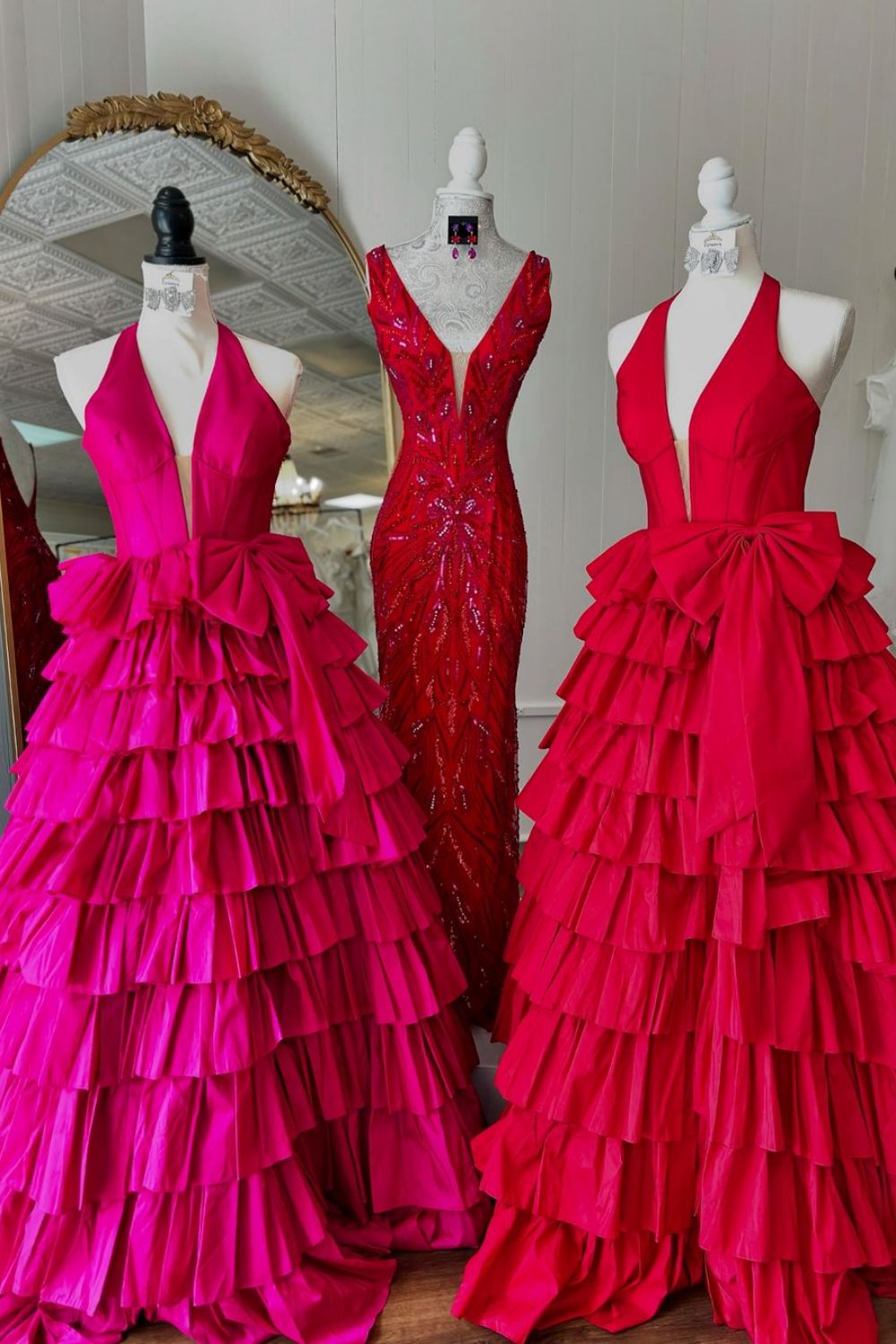 Lovely A-Line Halter Neck Long Tiered Satin Prom Dress with Slit and Bowknot