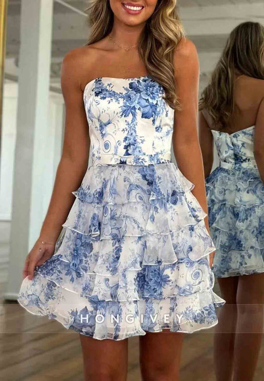 Strapless A-Line Floral Print Ruched Bowknot Sleeveless Short Homecoming Dresses