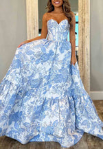 Floral Print Sweetheart Sweep Train Strapless Empire Princess Prom Dresses