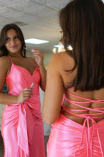 Lovely Pink Mermaid Lace Up Long Satin Prom Dress with Bowknot and Slit