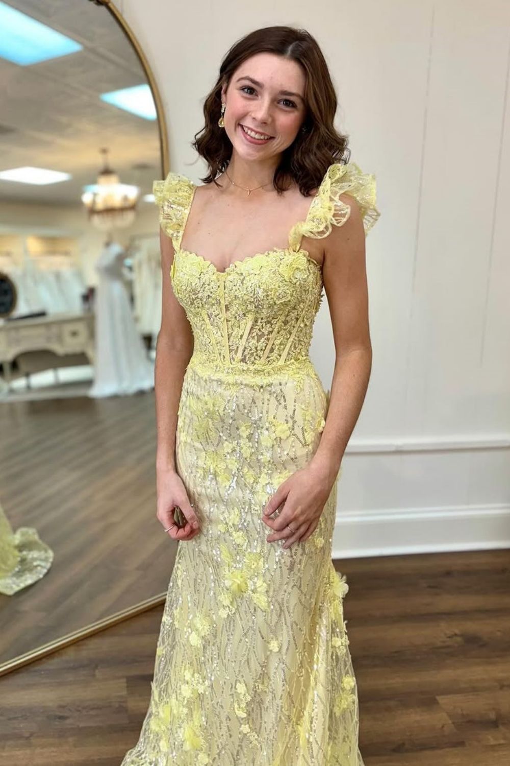 Lovely Yellow Mermaid Long Glitter Prom Party Dress with Appliques