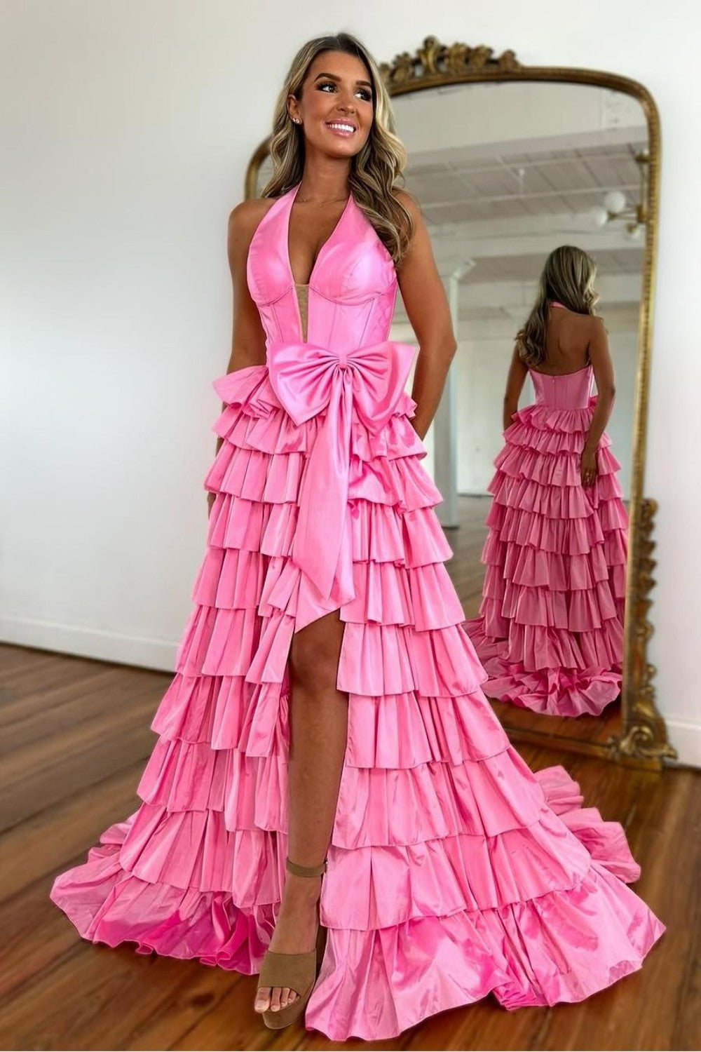 Lovely A-Line Halter Neck Long Tiered Satin Prom Dress with Slit and Bowknot