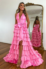 Lovely A-Line Halter Neck Long Tiered Satin Prom Dress with Slit and Bowknot