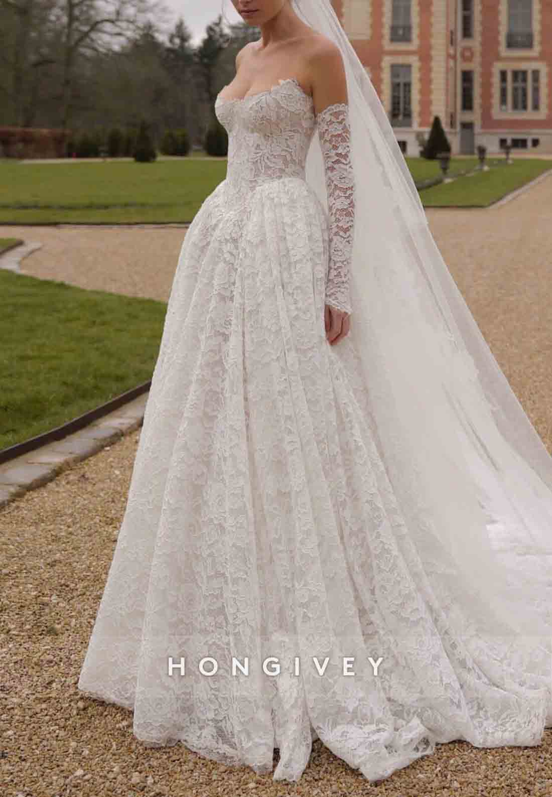 Strapless A-Line Covered Button Bridal Gown Lace Court Train Wedding Dresses