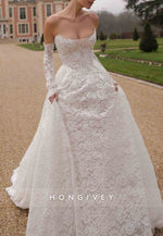 Strapless A-Line Covered Button Bridal Gown Lace Court Train Wedding Dresses