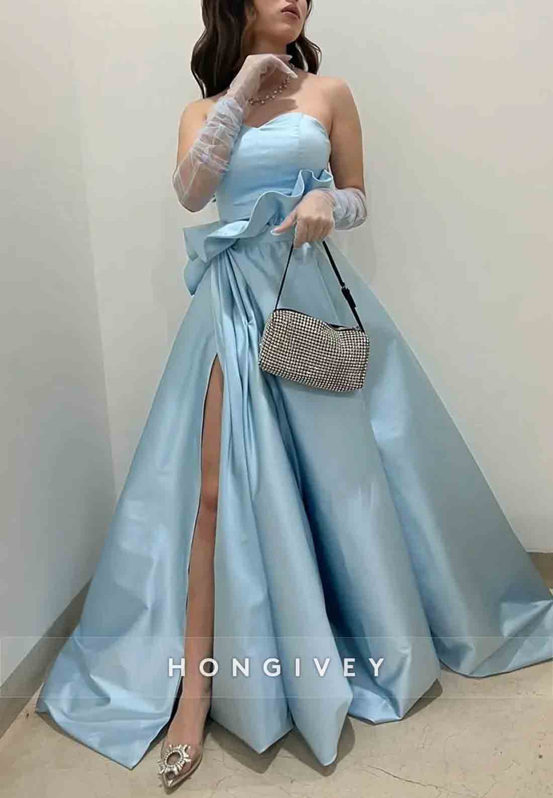 Elegant Sweetheart Ruched Side Slit Light Blue Satin Prom Dresses