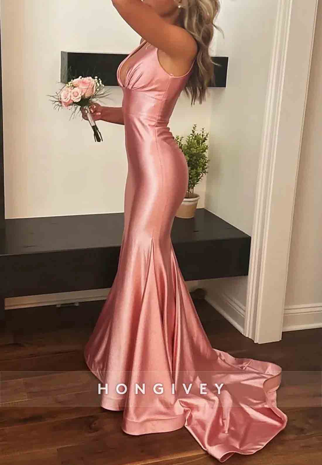 Stylish Mermaid Sweep Train Prom Dresses Pleated V Neck Pink Long Party Dress