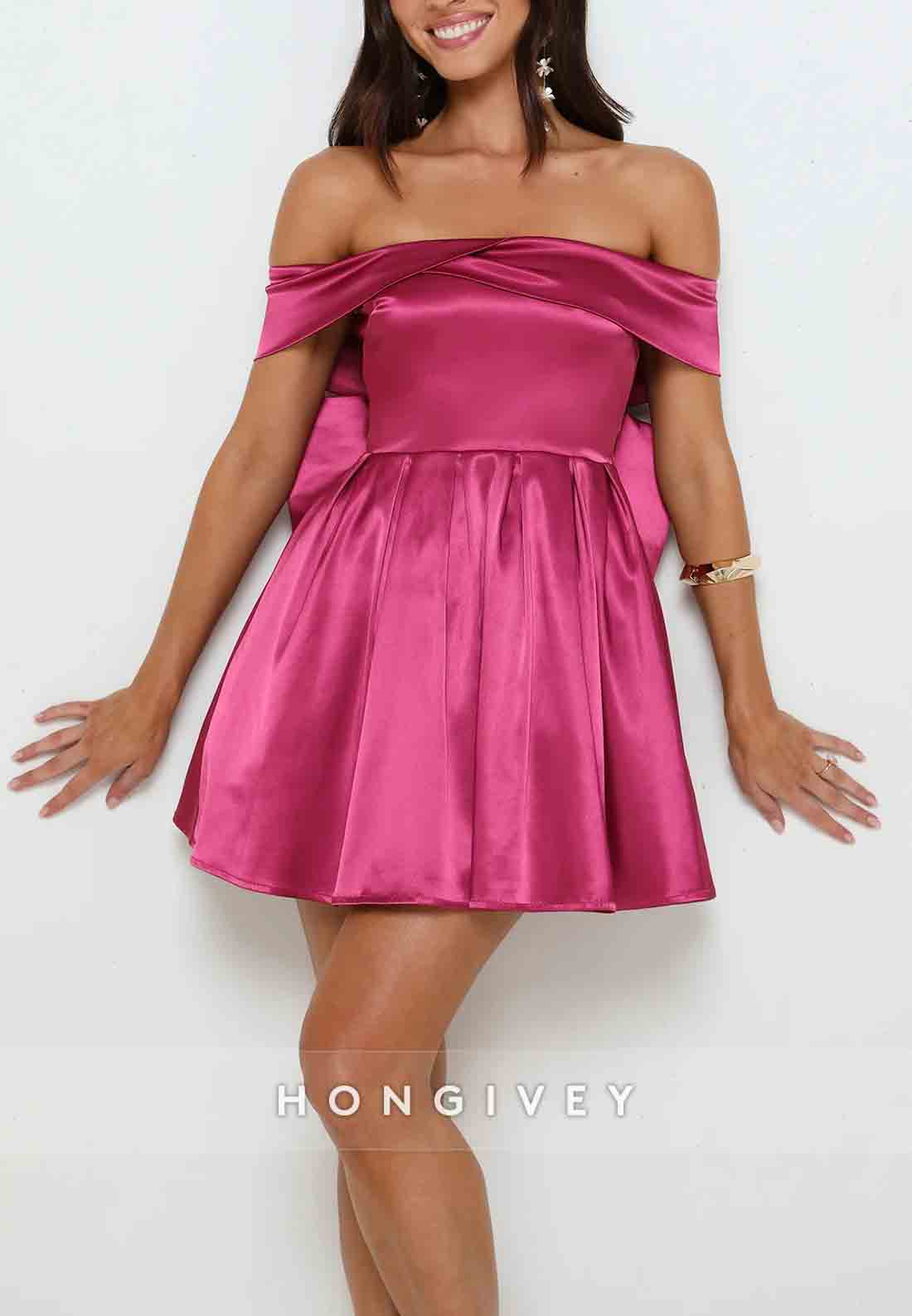 Fuchsia Off the Shoulder A-Line Pleated Short Homecoming Dress with Back Bowknot