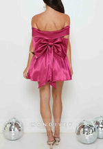 Fuchsia Off the Shoulder A-Line Pleated Short Homecoming Dress with Back Bowknot