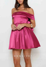 Fuchsia Off the Shoulder A-Line Pleated Short Homecoming Dress with Back Bowknot