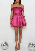 Fuchsia Off the Shoulder A-Line Pleated Short Homecoming Dress with Back Bowknot