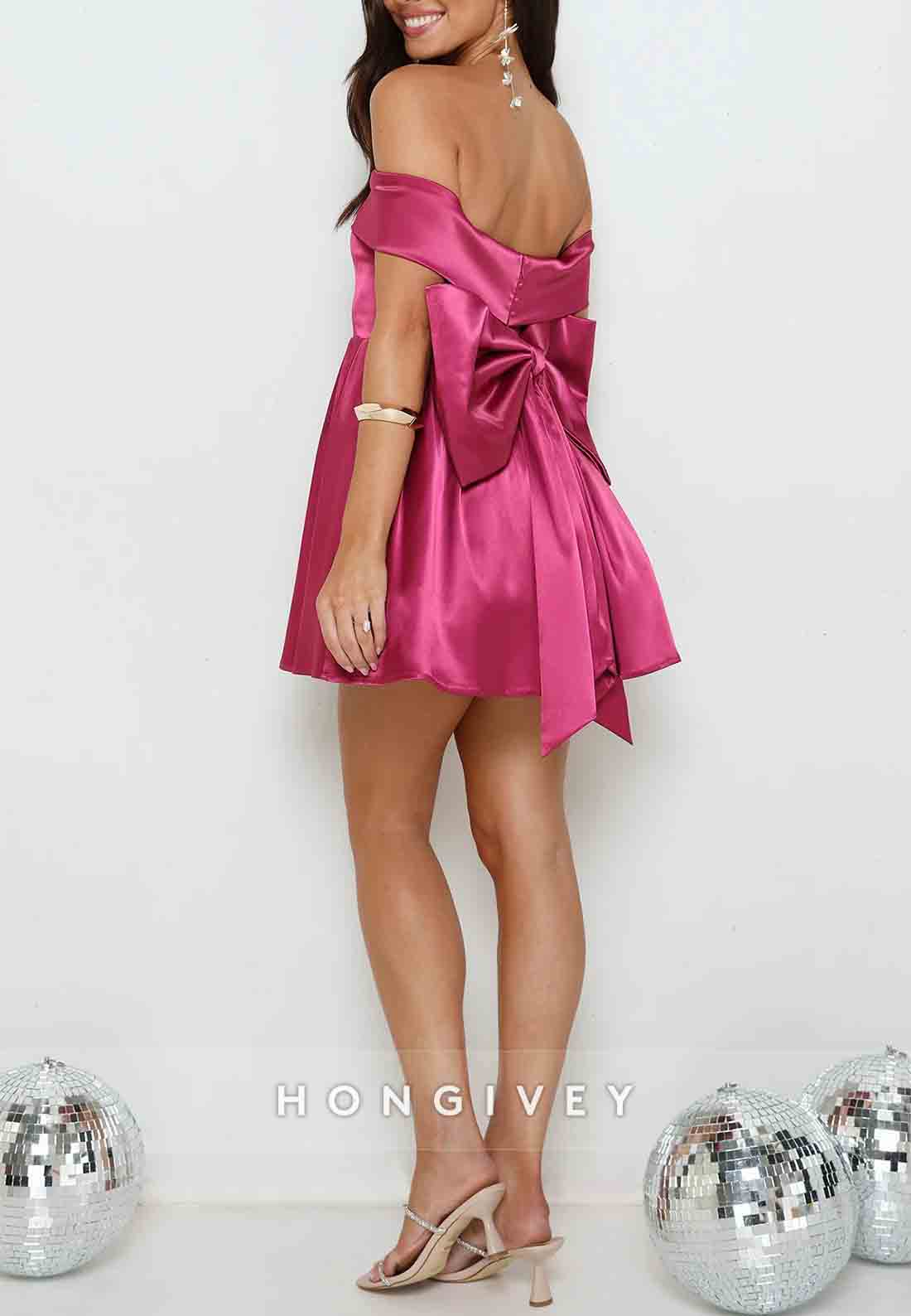 Fuchsia Off the Shoulder A-Line Pleated Short Homecoming Dress with Back Bowknot