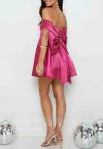 Fuchsia Off the Shoulder A-Line Pleated Short Homecoming Dress with Back Bowknot