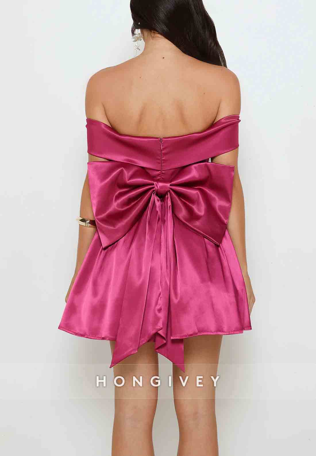 Fuchsia Off the Shoulder A-Line Pleated Short Homecoming Dress with Back Bowknot
