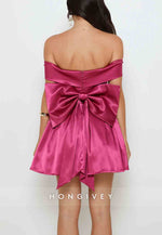 Fuchsia Off the Shoulder A-Line Pleated Short Homecoming Dress with Back Bowknot