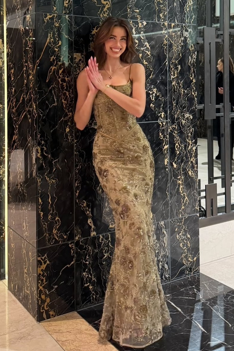 Luxurious Mermaid Spaghetti Straps Green Long Prom Dress with Lace Appliques