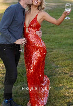 Luxurious Low V-Neck Mermaid Spaghetti Straps Red Sequins Long Prom Dress