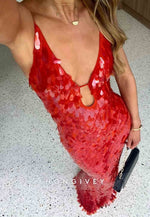 Luxurious Low V-Neck Mermaid Spaghetti Straps Red Sequins Long Prom Dress