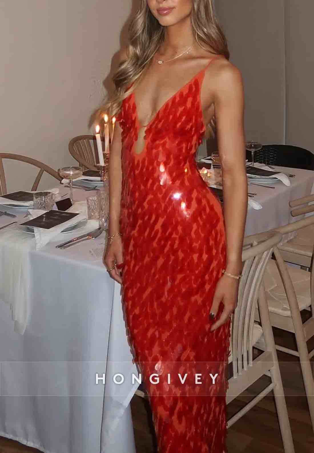 Luxurious Low V-Neck Mermaid Spaghetti Straps Red Sequins Long Prom Dress