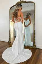 Luxurious Mermaid Spaghetti Straps White Long Prom Dress with Pearls