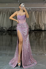 Luxurious Mermaid Strapless Lilac Sequins Corset Prom Dress with Beading