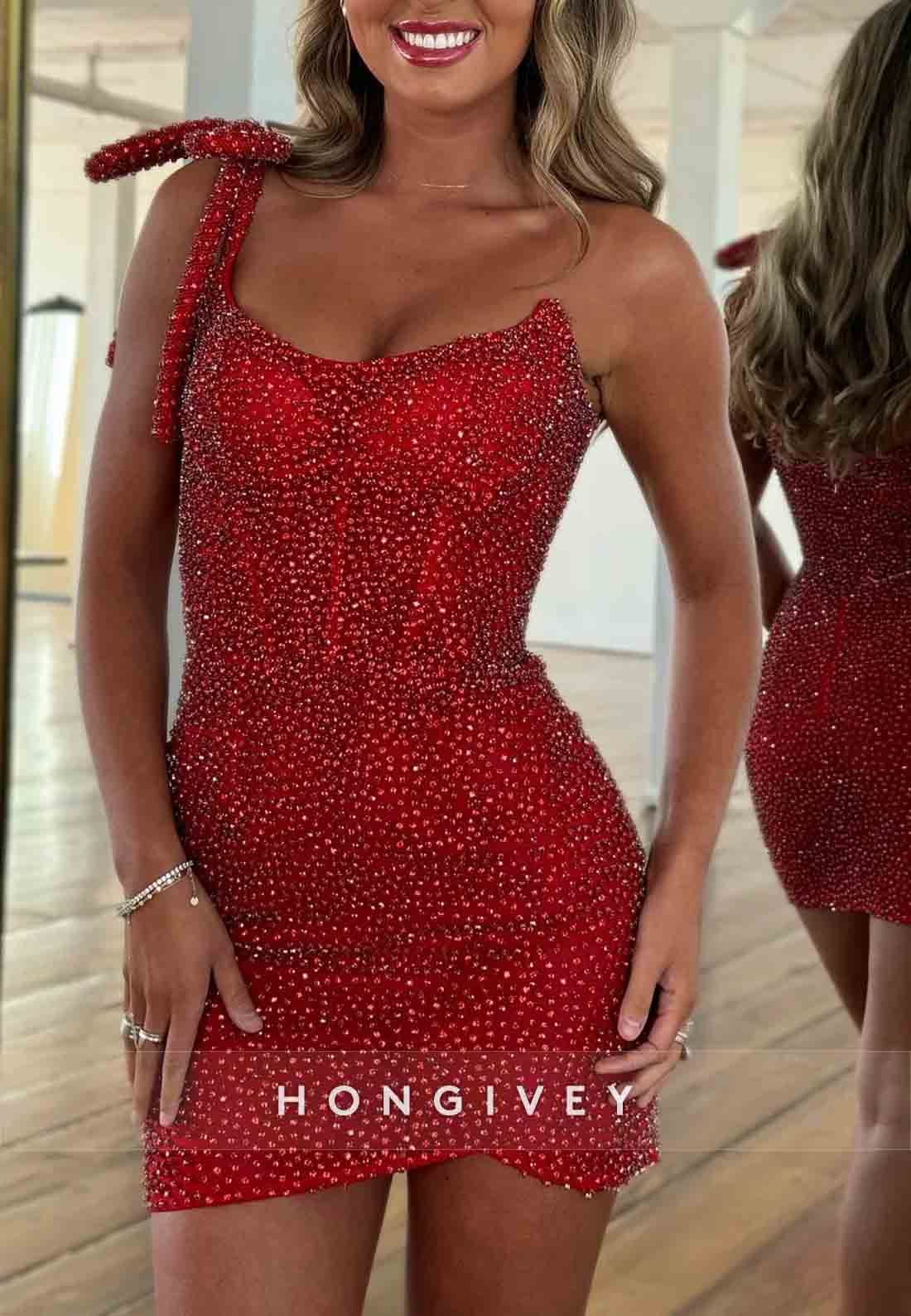 Luxurious Red One Shoulder Beading Sheath Mini Homecoming Dresses