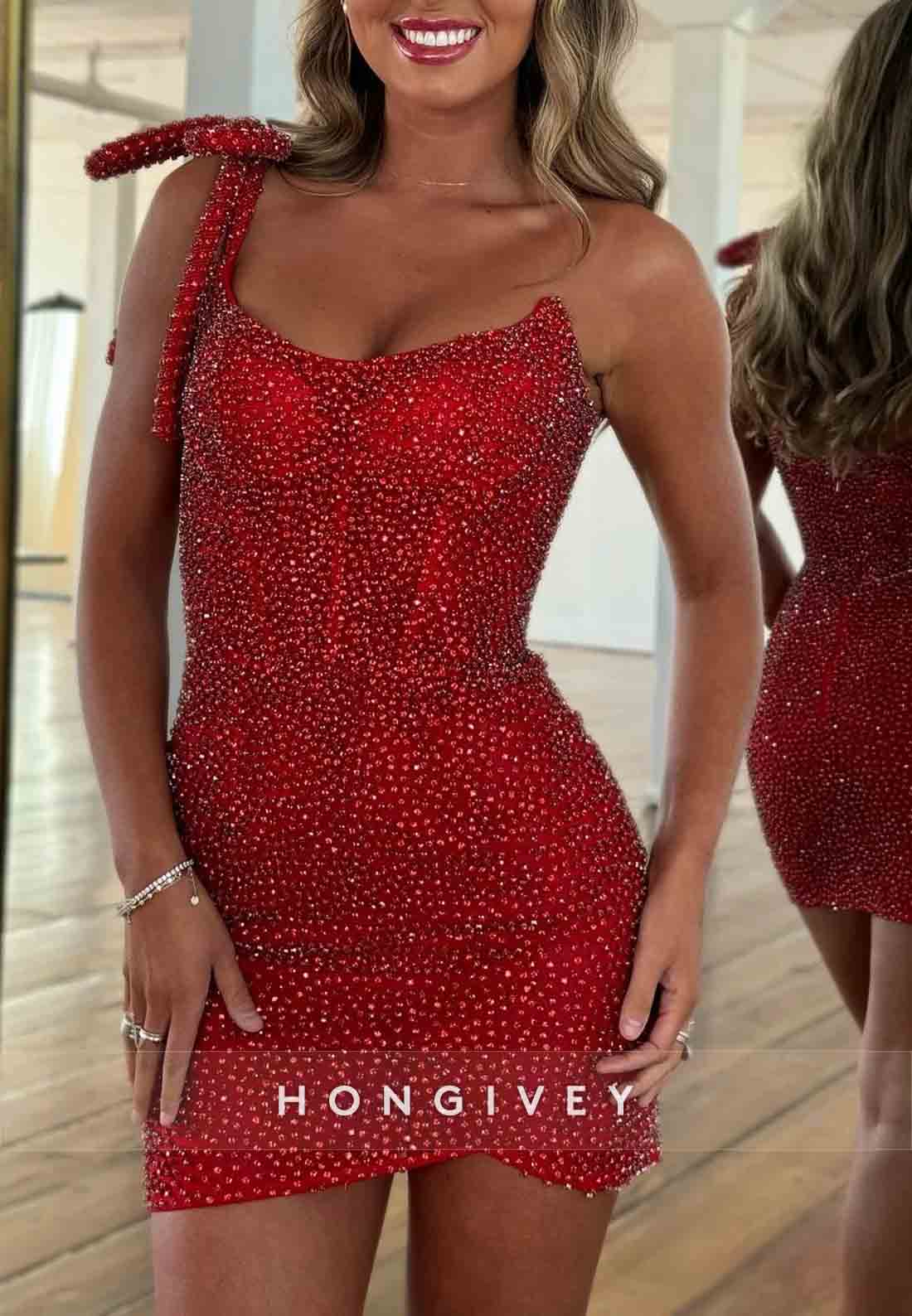 Luxurious Red One Shoulder Beading Sheath Mini Homecoming Dresses