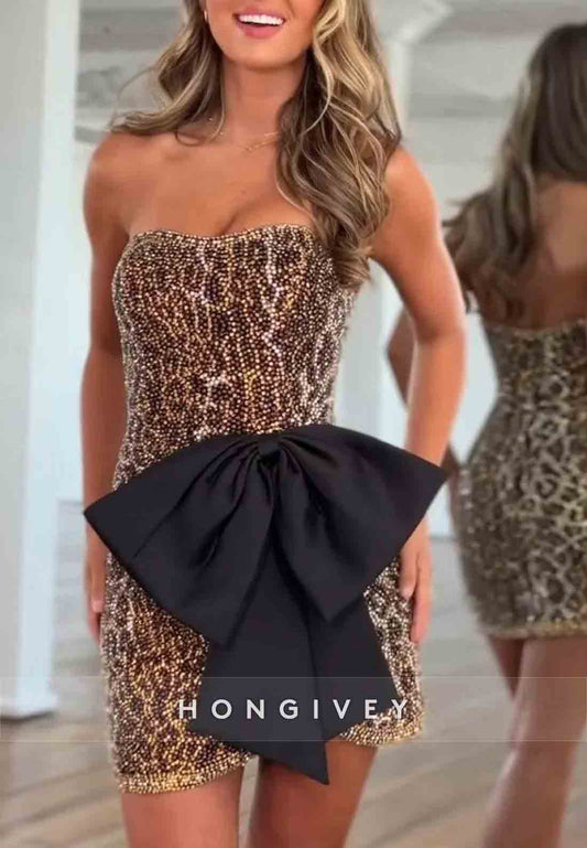 Luxurious Sheath Sweetheart Brown Leopard Print Short Homecoming Dress with Beading