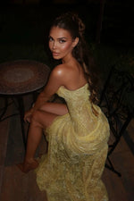 Fashionable Mermaid Sweetheart Yellow Corset Prom Dress with Lace Beading