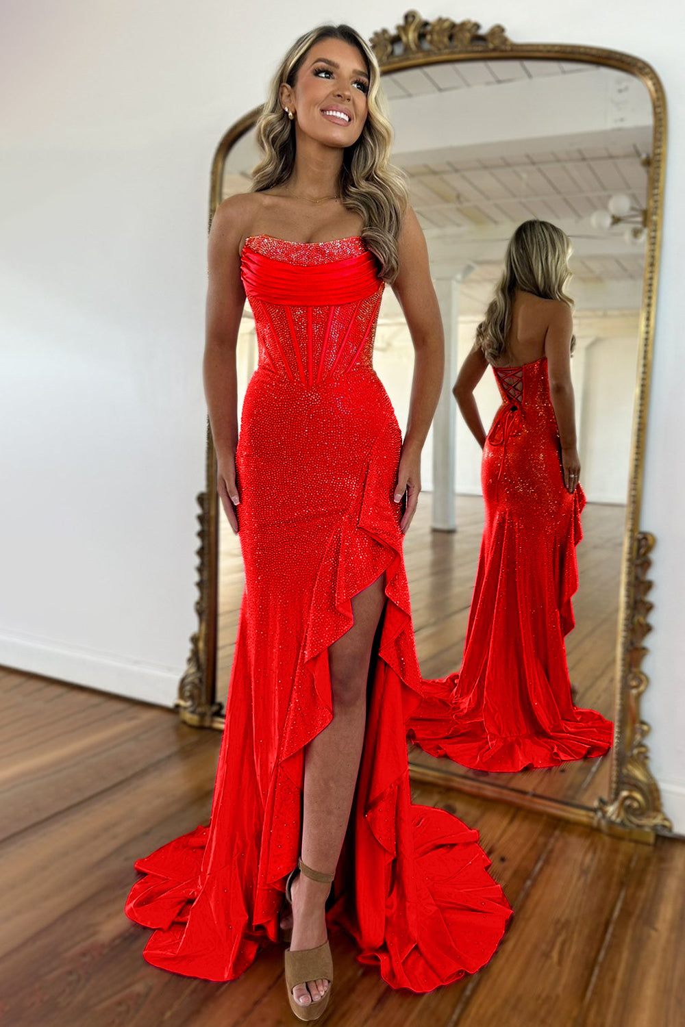 Sparkly Hot Pink Mermaid Strapless Long Beaded Prom Dress with Slit