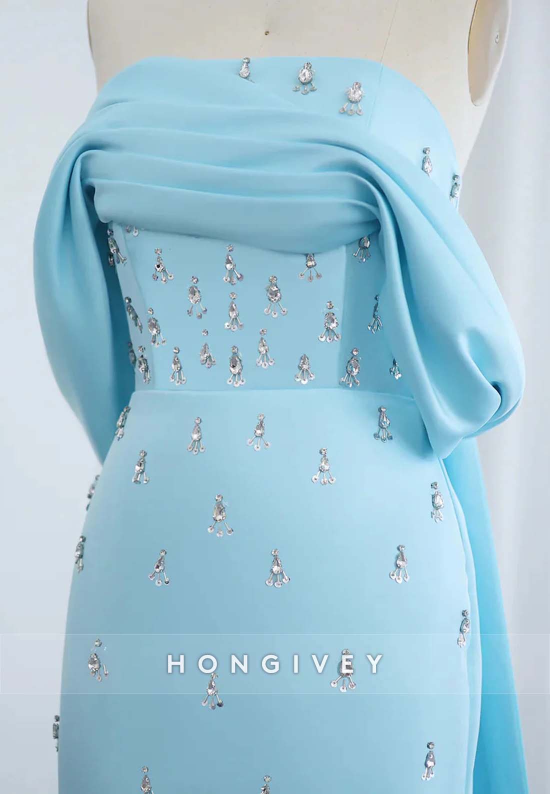 Floor-Length Trumpet Cap Sleeves Rhinestone Watteau Train Evening Gown