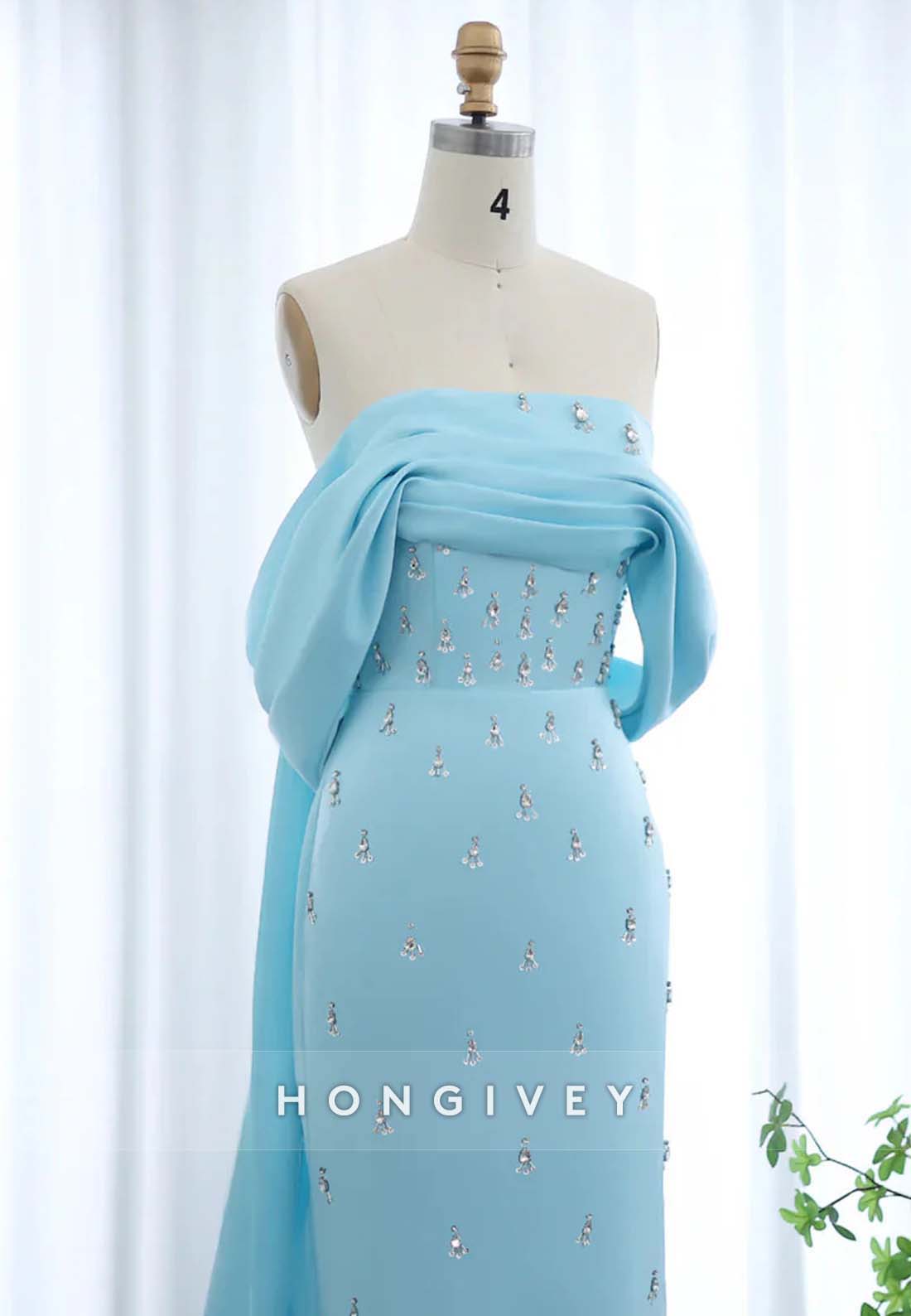 Floor-Length Trumpet Cap Sleeves Rhinestone Watteau Train Evening Gown