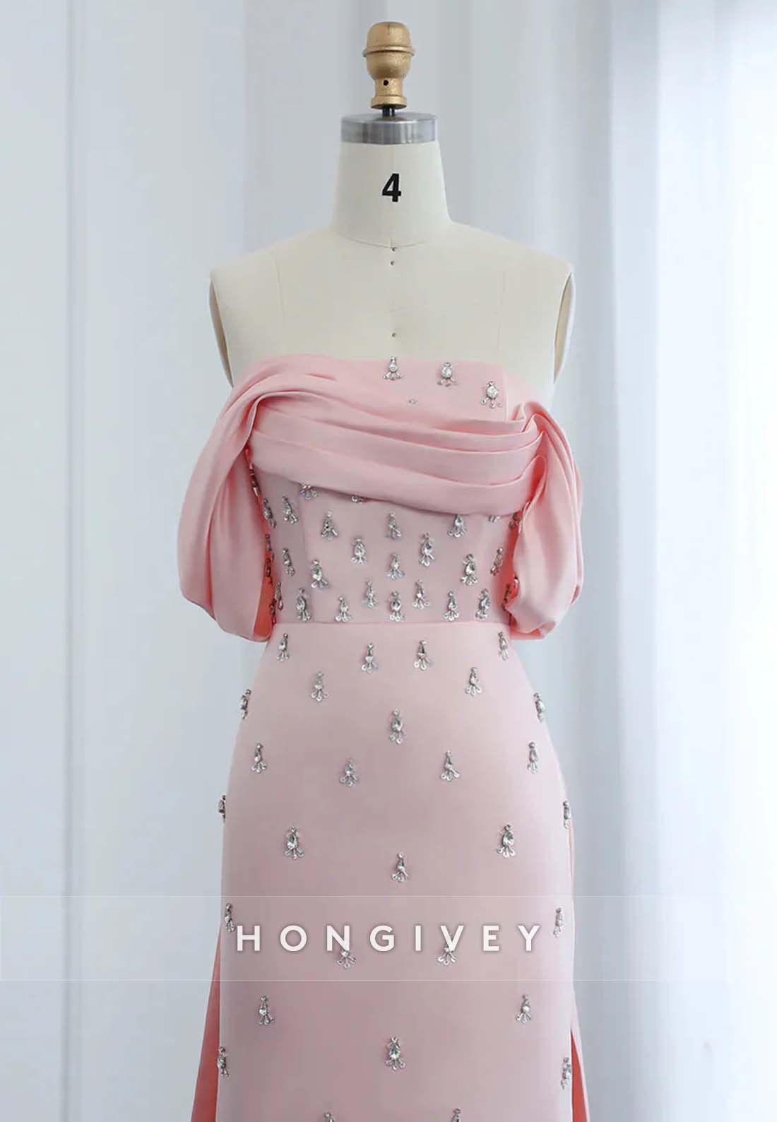 Floor-Length Trumpet Cap Sleeves Rhinestone Watteau Train Evening Gown