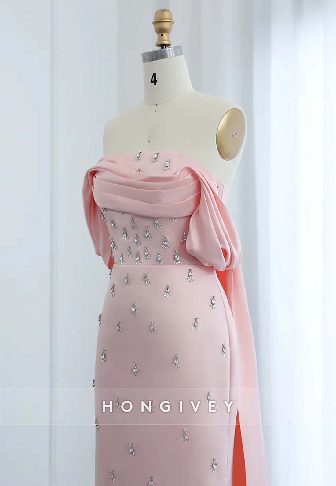 Floor-Length Trumpet Cap Sleeves Rhinestone Watteau Train Evening Gown