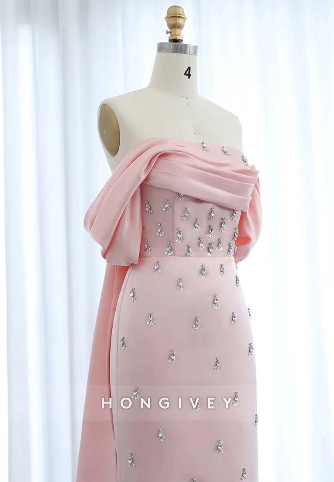 Floor-Length Trumpet Cap Sleeves Rhinestone Watteau Train Evening Gown